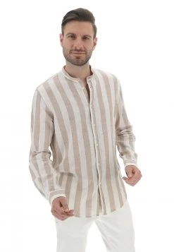 Camicia Coreana Age Uomo Rigata In Misto Lino E Cotone