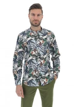 Camicia Con Collo Alla Coreana Markup In Fantasia Foglie All Over